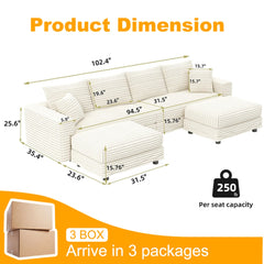 104.3 ' Plush Corduroy 4-Seat Sofa, Modern Comfy Upholstered Sofa Cloud Couch, Deep Seat Couches with Soft Pillows and 2 Ottomans, Convertible Sofa Lounge Chair, for Living Room,Apartment,Office,Beige