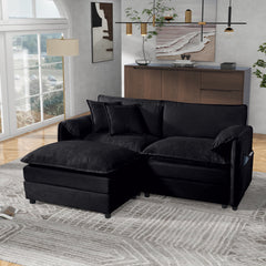 Modern Chenille Deep Seat Sectional Sofa Cloud Couch with Ottoman, Comfy Love Seat Upholstered Modular L Shaped Couch, Black
