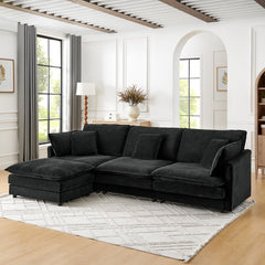 Modern Home Living Room L-Shaped Sectional Sofa Couches with Ottoman, Convertible Oversized 4 Seater Couch Towel Fabric, Black