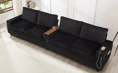 Modern 4-Seater Corduroy Sofa Couch with USB Ports and Hidden Storage in Black