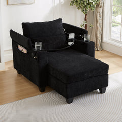Convertible Chaise Lounge Sofa Chair Bed with USB Ports, Cup Holders & Storage, Black Corduroy, 37.4'
