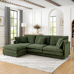 Modern Home Living Room L-Shaped Sectional Sofa Couches with Ottoman, Convertible Oversized 4 Seater Couch Towel Fabric, Green