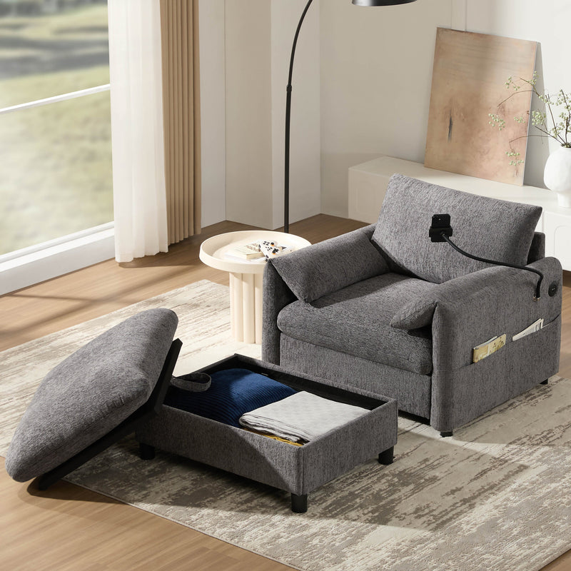 38' Single Sofa with Storage Ottoman, Adjustable Phone Holder, USB Charger, Side Storage Pockets, Pillow-Like Armrests, Wide Seat Chaise Lounge for Living Room&Apartment, Chenille, 4 Colors