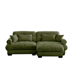 Modern Oversized Velvet Two-Seater Sofa with Ottoman and Round Bolster Armrests in Olive Green