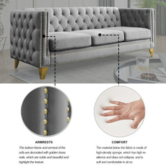 {Contact us for 3D modeling}  Velvet Sofa for Living Room,Buttons Tufted Square Arm Couch, Modern Couch Upholstered Button and Metal Legs, Sofa Couch for Bedroom, Grey Velvet .2PCS