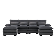 Modern U-shaped Sectional Sofa with Waist Pillows, 6-seat Upholstered Sleeper Sofa with Chaise Lounge in Velvet, 109.8*55.9', Gray