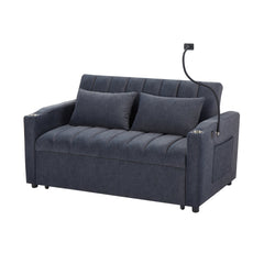 Convertible Sofa Bed Loveseat with USB Ports, Side Pockets, Cup Holders, and Phone Holder in Blue Grey Bella Fabric, 55.9'