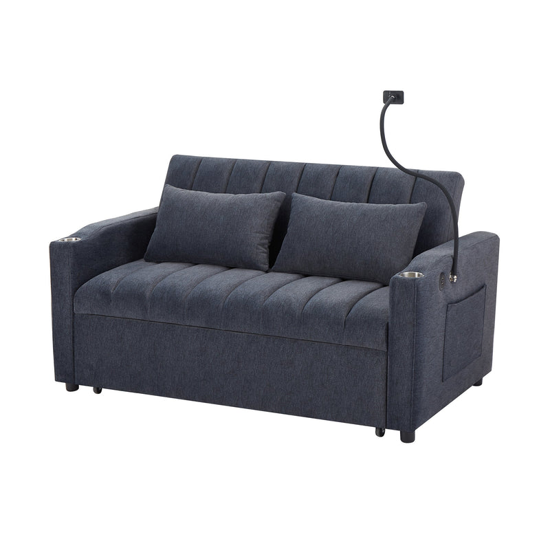 Convertible Sofa Bed Loveseat with USB Ports, Side Pockets, Cup Holders, and Phone Holder in Blue Grey Bella Fabric, 55.9'