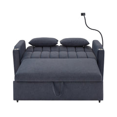 Convertible Sofa Bed Loveseat with USB Ports, Side Pockets, Cup Holders, and Phone Holder in Blue Grey Bella Fabric, 55.9'