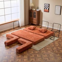 Floor Couch,Compression Sofa,Convertible Floor Sofa Bed-with Pillow Back Support Armrest,Comfy Futon Couch Lounge Sleeper Bed,chenille fabric,for Living Room Bedroom (orange)