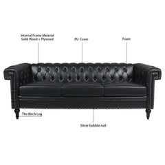 Traditional Black PU 3-Seater Sofa with Removable Cushions and Birch Legs, 83.66 Inch Width