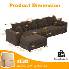 102.4 'Plush Corduroy 4-Seat Sofa,Modern Comfy Upholstered Sofa Cloud Couch,Deep Seat Couches with Soft Pillows and Movable Ottoman,Convertible Sofa Lounge Chair,for Living Room,Apartment,Office,Camel