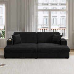 Oversized Loveseat Chaise Lounge Sectional Sofa Bed with USB Ports, Cup Holders, and Pillows, Black Corduroy