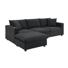 Modern Sectional Sofa with Convertible Ottoman and 2 Free Pillows, L-shaped 4-Seat Polyester Fabric Couch Set, Black