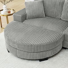 Corduroy Tufted Upholstered Sleeper Sectional Sofa, L-Shaped Modular Convertible Sofa , The arc-shaped footstool can be placed freely on the left and right-Gray