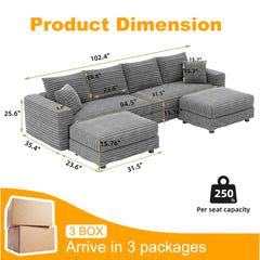 104.3 ' Plush Corduroy 4-Seat Sofa, Modern Comfy Upholstered Sofa Cloud Couch, Deep Seat Couches with Soft Pillows and 2 Ottomans, Convertible Sofa Lounge Chair, for Living Room,Apartment,Office,Grey
