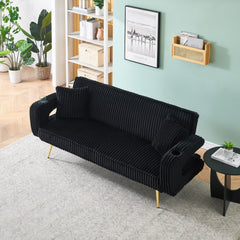 74.01 inch straight corduroy sofa bed with pillows, adjustable in three levels, designed in a minimalist style, suitable for use in living rooms and study rooms.Black