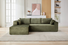 Compression Sectional Couch with Comfy Chaise, Boneless L Shape Sofa with Deep Seat, Minimalist Modular Couches Sleeper for Living Room Bedroom Apartment Lounge,corduroy,Green