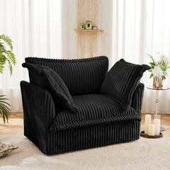 Slip-covered Armchair with 1 Big Back Cushion and 2 Big Toss Pillows, Single Deep Seat Comfy Single Couch Sofa Multiple Large Soft Pillows, Black Corduroy Fabric