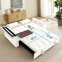 55.5 '3-in-1 foldable sofa bed, modern velvet double sofa, sofa bed with adjustable back, storage bag and pillow, hidden living room laptop desk with USB port, suitable for living room, bedroom(BEIGE)