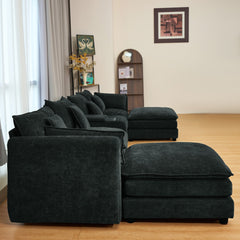 U Shaped Sectional Cloud Couch for Living Room,144' Comfy Fluffy Modular Sofa with Movable Ottoman Modern Chenille 6 Seat Sectional Sofa Set with Console, Cup Holders,Black