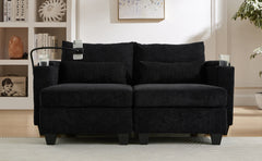 Convertible Chaise Lounge 63' Loveseat Sofa Bed with USB Ports, Cup Holders, Phone Holder & Storage, Black Corduroy