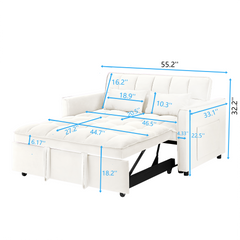 55.1-inch 3-in-1 convertible sofa bed, modern velvet double sofa Futon sofa bed with adjustable back, storage bag and pillow, for living room, bedroom (Off white)