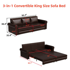 93.7 ' Pull Out Sofa Bed, 3-in-1 Faux Leather Convertible Sleeper Sofa with Nailhead Trim & Rolled Arm,Multi-Functional Sofa Bed for Living Room,Bedroom,Apartment,Office