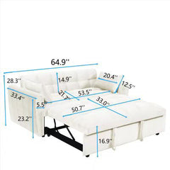 65'3-in-1 foldable large size sofa bed, modern velvet double sofa, sofa bed with adjustable back, storage bag and pillow, suitable for living room, bedroom (beige)