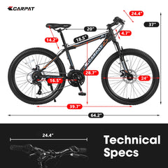 S24102   24 Inch Mountain Bike Boys Girls, Steel  Frame, Shimano 21 Speed Mountain Bicycle with Daul Disc Brakes and Front Suspension MTB