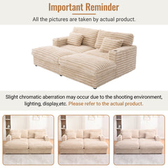Plush Upholstered Oversized Double Chaise Lounge Sofa with USB Ports and Cup Holders, Champagne, Faux Rabbit Fur, 83.5'
