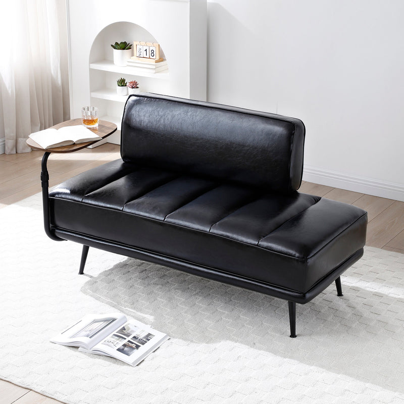 55'Inch Width Modern End of Bed Bench,Black Faux Leather Upholstered With side table, 360-degree Swivel tray couch,Entryway Ottoman,Window Bench with  Metal Legs for Bedroom, Living Room