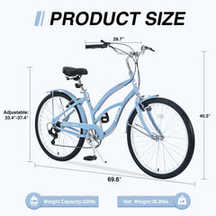 7 Speed Bicycles,  Multiple Colors 26'Inch  Beach Cruiser Bike