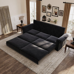 93.7 ' King Pull Out Sofa Bed, Chesterfield Sofa, 3-in-1 Velvet Convertible Sleeper Sofa with Nailhead Trim & Rolled Arm, Multi-Functional Sofa Bed for Living Room, Bedroom, Apartment, Office, Black