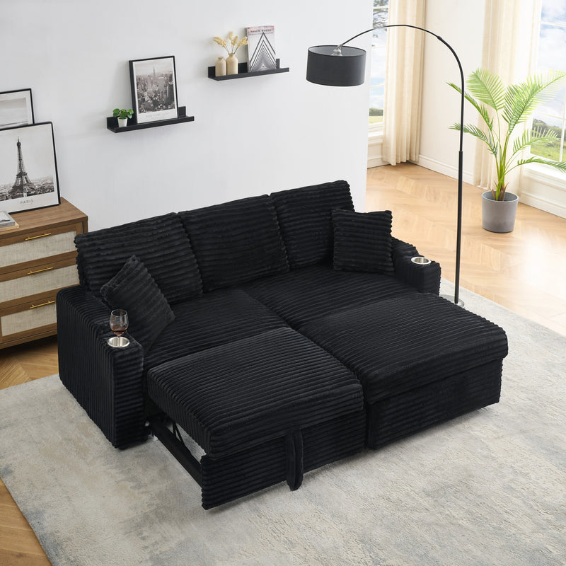 80' Corduroy Multi-Function Sofa with Hidden Reclining, Space Saving Design, Armrests, Cup Holders and Removable Footstool, Black