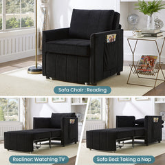 Upholstered Convertible Sleeper Sofa with 5-Position Backrest, Side Pockets, Storage, Black Chenille, 31.5'