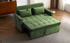 Convertible Loveseat Sofa Bed with Adjustable Backrest, USB Ports, Phone Holder, Side Pockets, Green Chenille, 56.9'