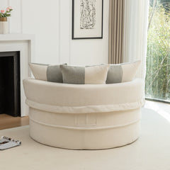 Modern Oversized Beige Round Barrel Accent Chair with Ottoman - Velvet Upholstered Lounge Armchair with 5 Pillows for Living Room or Bedroom