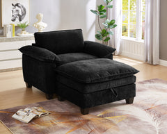51' Oversize Chaise Lounge Chair with Ottoman and Storage  Upholstered Soft Chenille Black