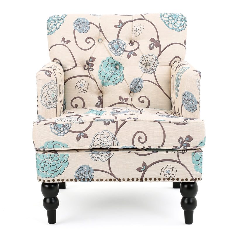 Vitality Club Chair with Button-tufted Diamond Stitching and Turned Legs, Blue and White