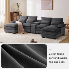 Modern U-shaped 6-Seat Sofa with Console, Cupholders, USB Ports, Velvet Upholstery in Gray