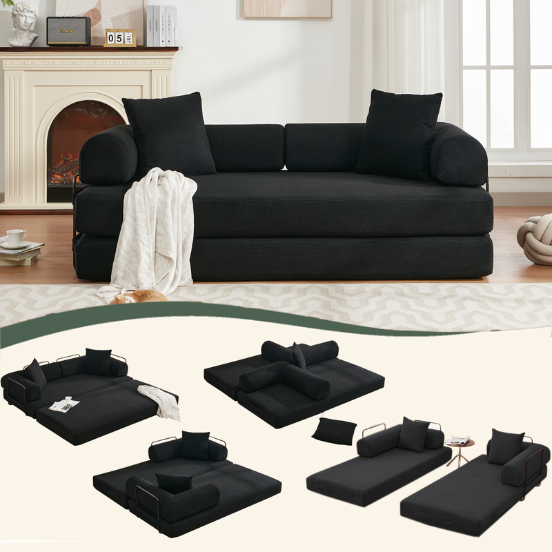 [NEW ARRIVED] [VIDEO PROVIDED] 78.5' Folding Convertible Out Sleeper Sofa Bed,4-in-1 DIY Combination Convertible Sofa,3 seat, Folding  Sofa, King Size , Bedroom,Apartment,Corduroy,Black