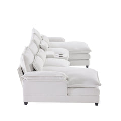 Modern U-shaped Sofa with Console, Cupholders & USB Ports, 6-seat Upholstered Furniture, Chenille, 123*55 inches, White