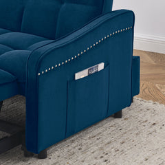 Loveseats Sofa Bed with Pull-out Bed,Adjsutable Back and Two Arm Pocket,TypeC and USB Charging with Copper nail,Blue (47'x53'x31')