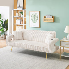 74.01 inch straight corduroy sofa bed with pillows, adjustable in three levels, designed in a minimalist style, suitable for use in living rooms and study rooms.White