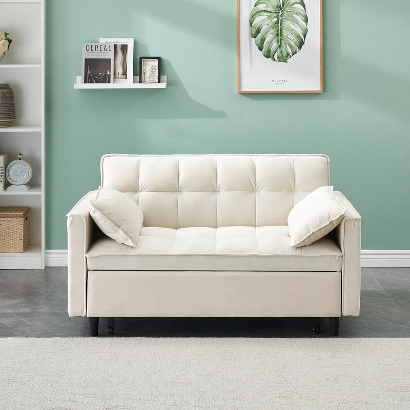 55-inch Beige velvet sofa bed, elegant and convenient, with storage pockets, cleverly interpreting the three-in-one conversion