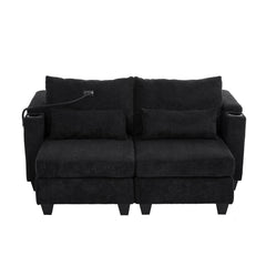 Convertible Chaise Lounge 63' Loveseat Sofa Bed with USB Ports, Cup Holders, Phone Holder & Storage, Black Corduroy