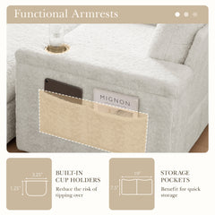 Luxurious Oversized Chaise Lounge Sofa Bed with Storage Ottoman and Armrests, Cup Holders, Faux Rabbit Fur, 42-Inch for Living Room or Bedroom