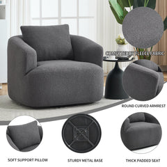360° Swivel Round Upholstered Comfy Chair With One Soft Pillow, Teddy Fleece High-Resilience Sponge Single Sofa, No Assembly for Living Room, Bedroom, Apartment, Dark Grey.
