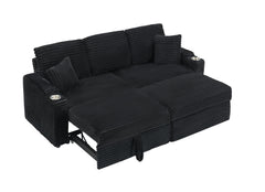 80' Corduroy Multi-Function Sofa with Hidden Reclining, Space Saving Design, Armrests, Cup Holders and Removable Footstool, Black